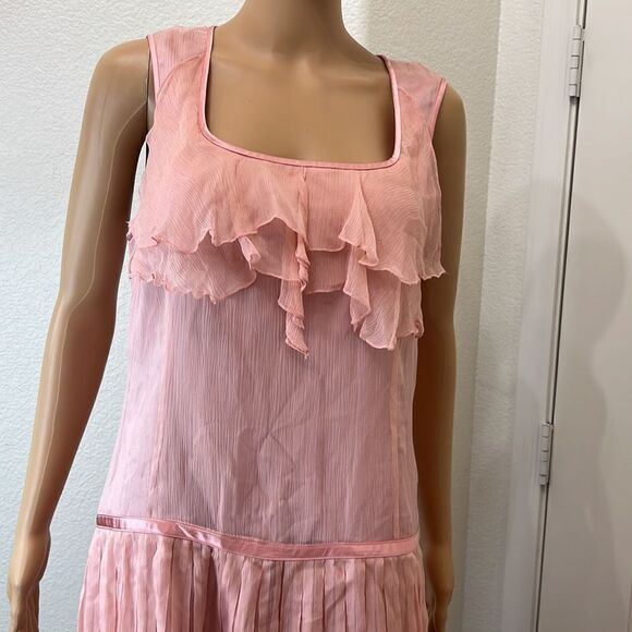 WDNY Dress 💯 Silk Size 10 Square Neck Sleeveless Sheer Pleated Lined Pink Peach - Picture 3 of 11